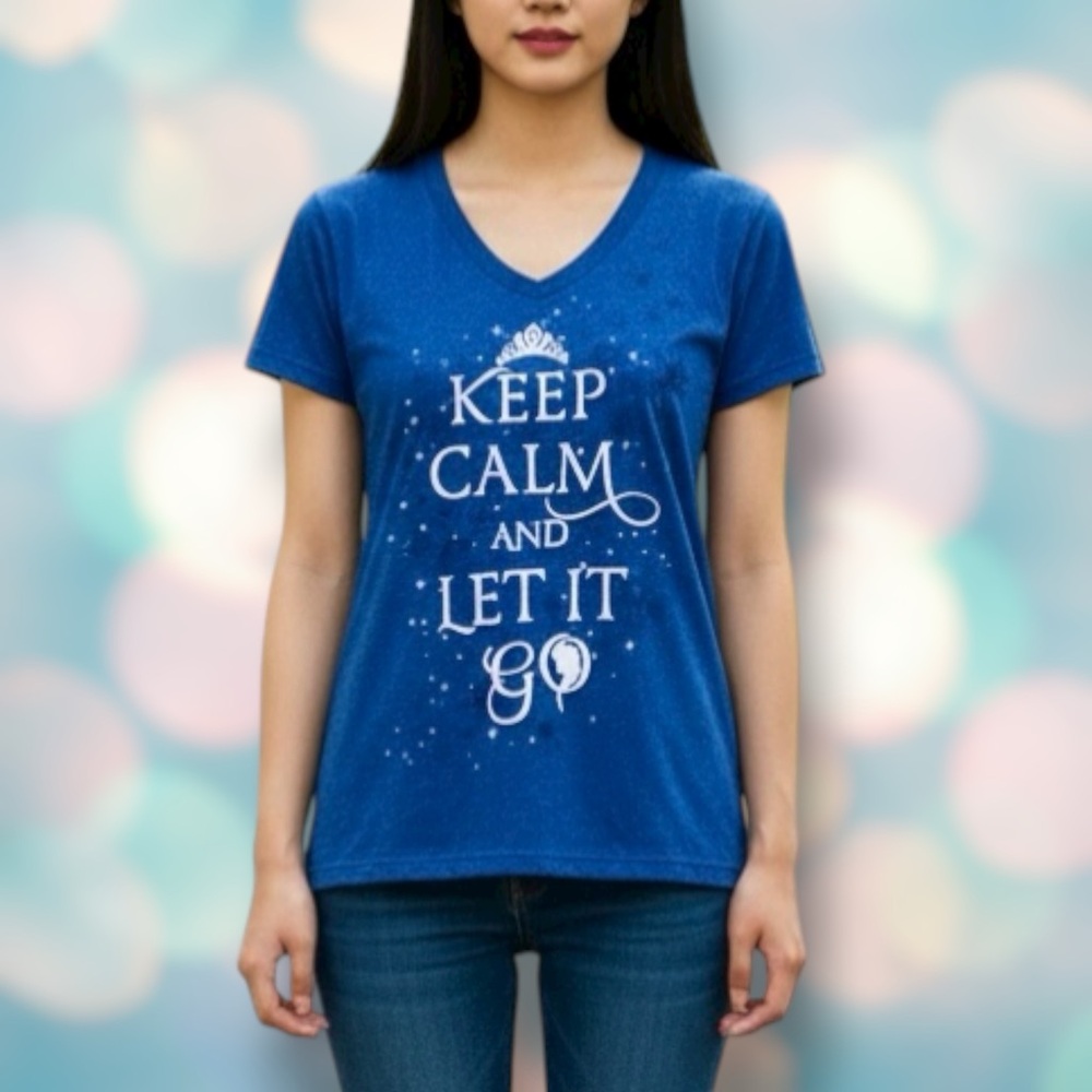 Disney Frozen “Let It Go” Women’s Blue V-Neck Tee Shirt Top Size XS